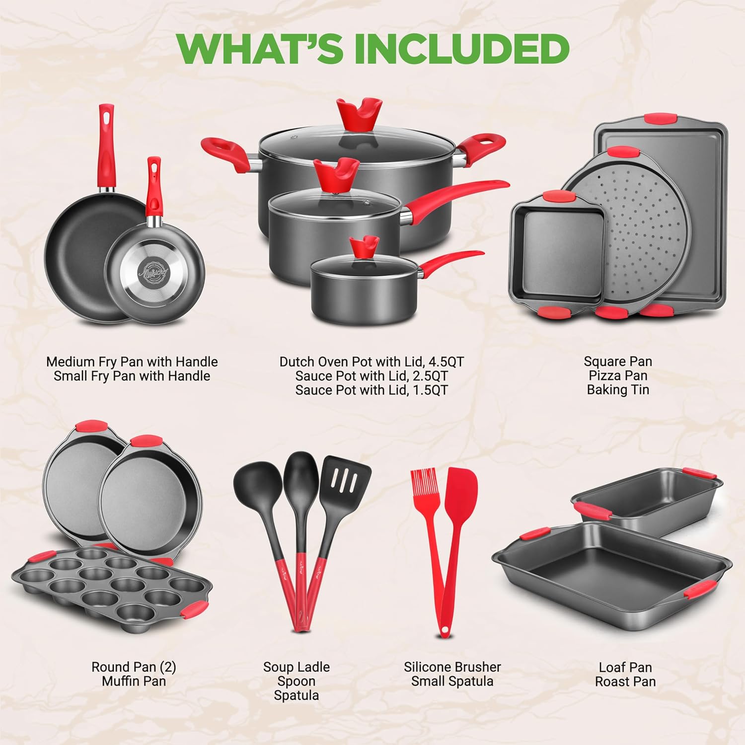 NutriChef 21-Piece Nonstick Cookware Set - Heat Resistant & PTFE/PFOA Free | Includes Pots, Pans & Bakeware