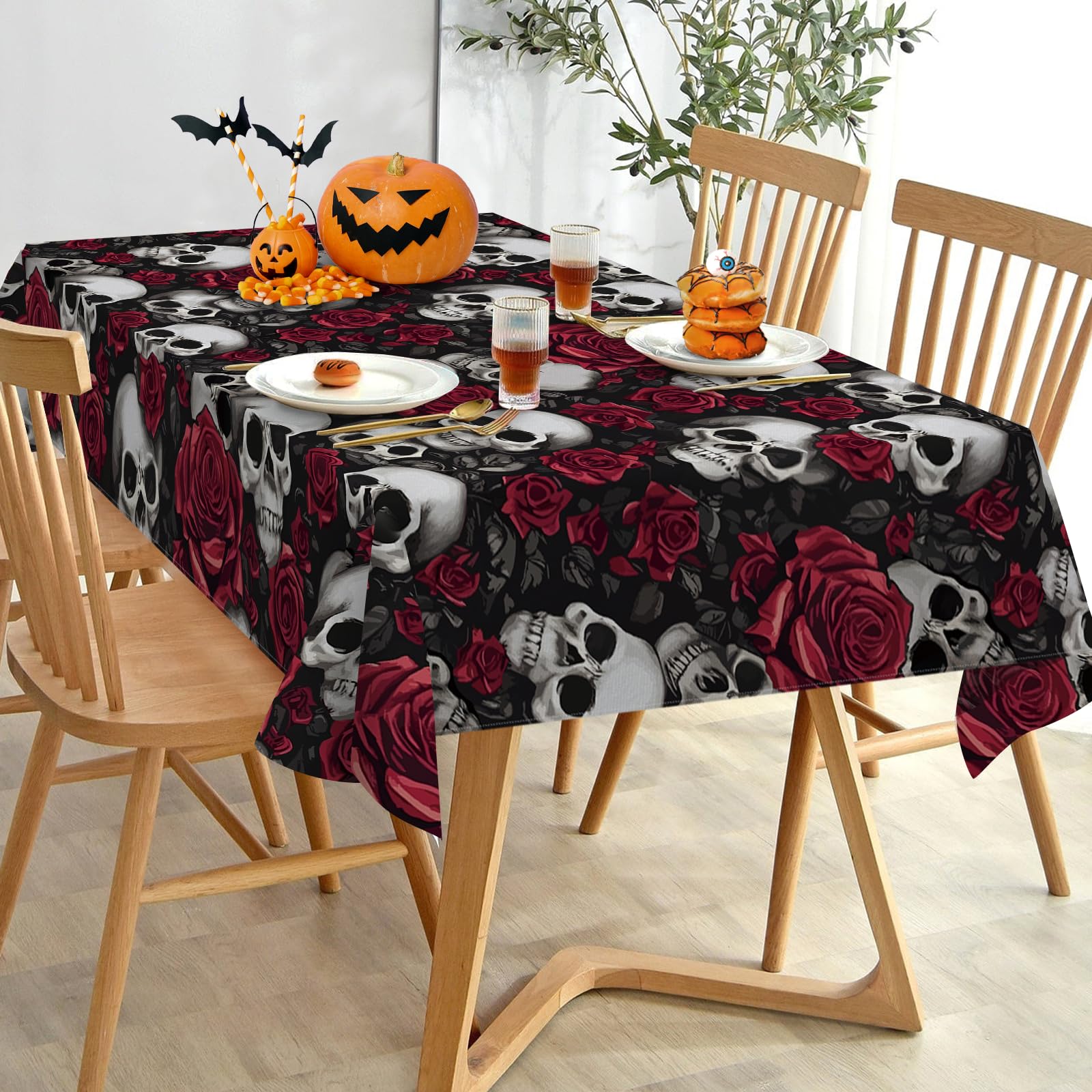 Livcoz Halloween Gothic Skull Rose Square Tablecloth 70 x 70 Inches, Horror Skeleton Red Flowers Decorative Dining Table Cloth, Scary Creepy Floral Dinner Tablecover Picnic Party Decoration
