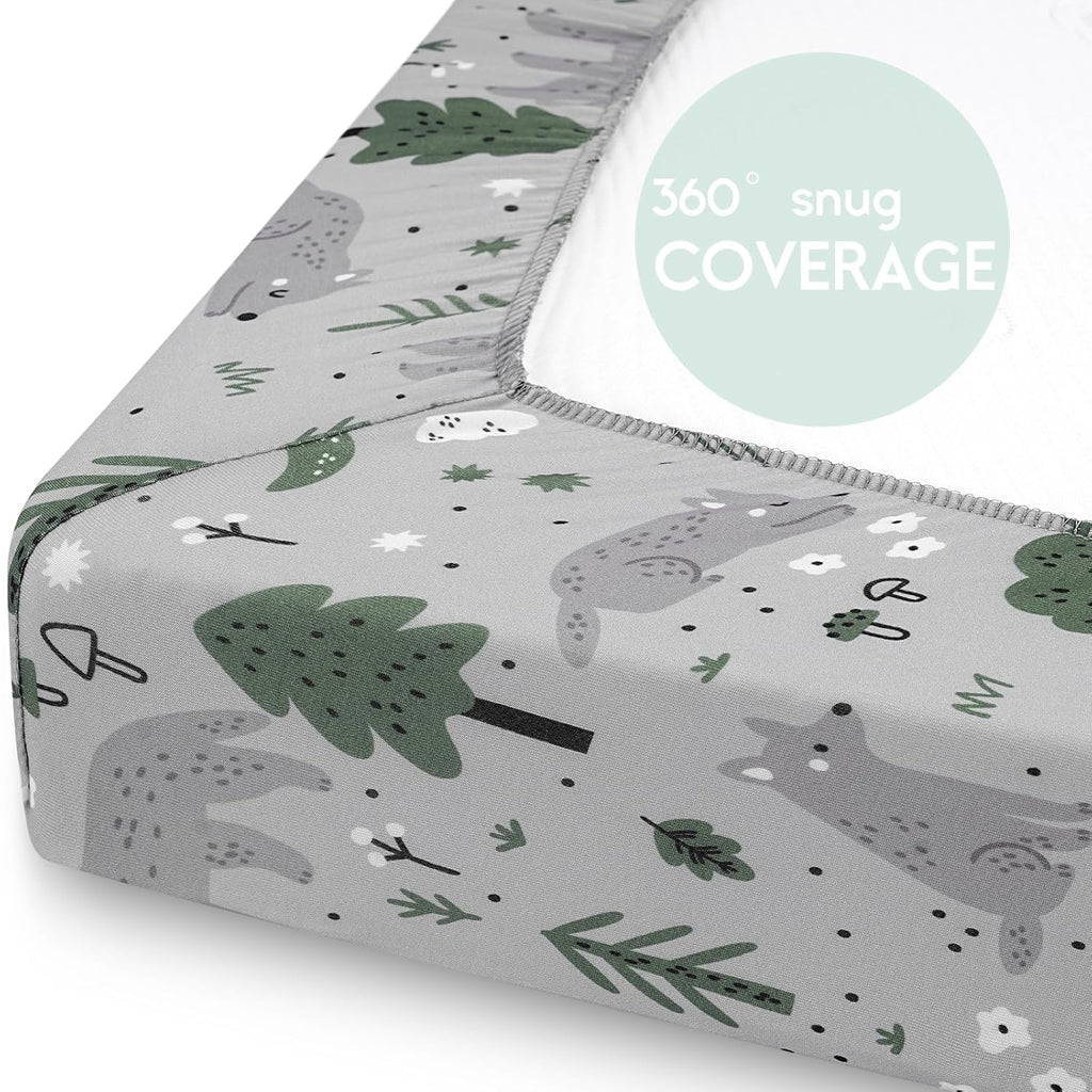 Yoofoss Fitted Pack and Play Sheets - Soft, Breathable Mini Crib Sheets 2-Pack in Gray-Green & Fox Design