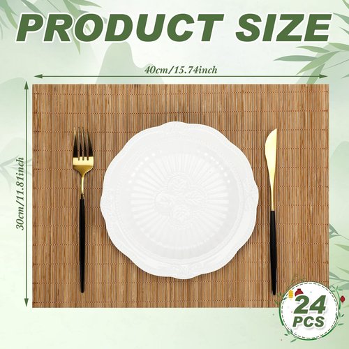 Set of 24 Bamboo Placemats 15.8x12 Inch Sushi Rolling Mat Japanese Style Wicker Placemats Washable Heat Resistant Table Mats for Dinner Kitchen Wedding Party(Bamboo Color)