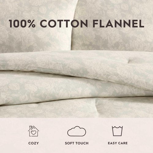 Laura Ashley - King Comforter Set, Reversible & Naturally Soft Cotton Flannel Bedding w/Matching Pillowcases, Medium Weight for Year Round Use, 3 Piece Bed Sets (Meredith Grey)