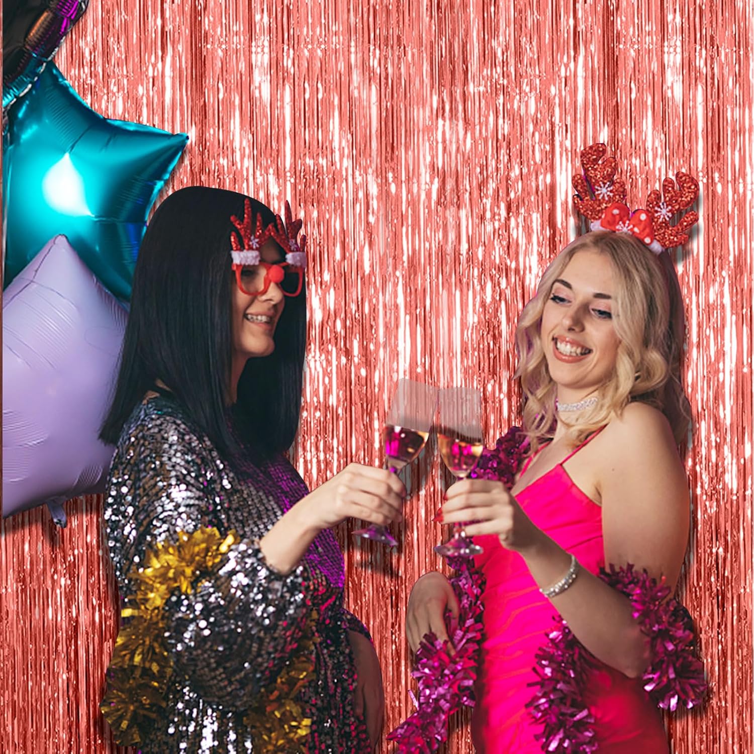 Skiennix 20 Pack Rose Gold Fringe Curtain Backdrop - Metallic Tinsel Streamers for Parties & Events