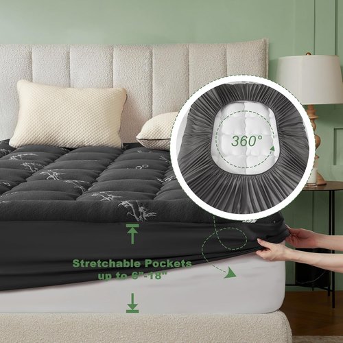 BEDLORE Queen Mattress Topper - Soft Bamboo Viscose Pillow Top for Back Pain Relief | Fits 6-18 Inch Mattresses - Dark Gray