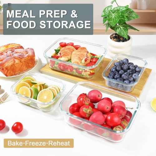 KOMUEE 4 Pack 52oz+22oz Glass Food Storage Containers Set with Airtight Lids, BPA-Free & Leak Proof, Ideal for Meal Prep, Freezer, Microwave, Oven and Dishwasher Safe