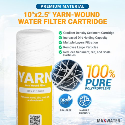 Max Water 5 Micron 10 x 2.5 String Wound Sediment Water Filter Cartridge Replacement for Whole House water filter system and RO System, Compatible with Well Water Filter WFPFC4002, WHKF-WHSW (25 Pack)