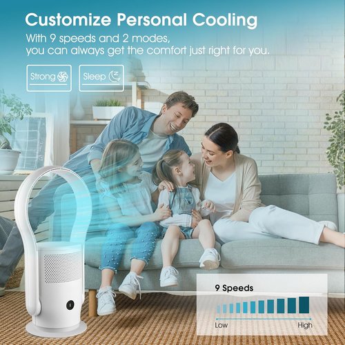 Bladeless Tower Fan - HEPA Filter & 80° Oscillation | Remote Control, 9 Speeds, 8H Timer, White