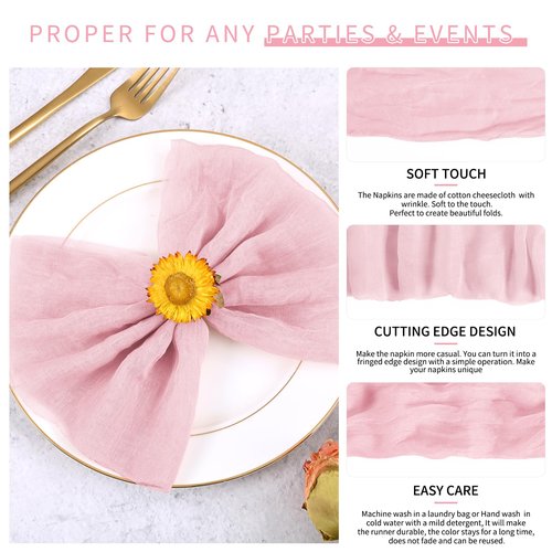 Teruntrue 100 Pack Light Pink Cloth Napkins Cheesecloth Napkins Set of 100 Gauze Napkins Bulk Washable Boho Dinner Table Napkins Wedding Party Baby Shower Birthday Party Decorations，20 x 20 Inch