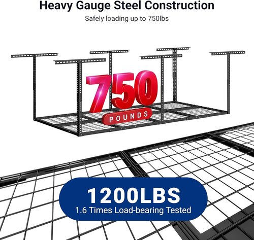 FLEXIMOUNTS 3x8 Overhead Garage Storage Rack - Adjustable Heavy-Duty Metal | 750lbs Capacity, Black