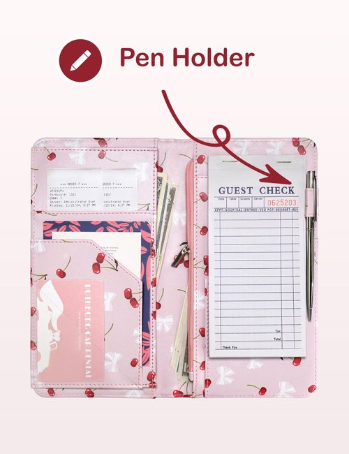 Zreal Cute Server Book for Waitress, Waiter Book with Zipper and Magnetic Pocket, Cherry & Bow Print Serving Book for Waitstaff in Restaurants, Leather Waitstaff Organizer Fits Server Aprons(Pink)