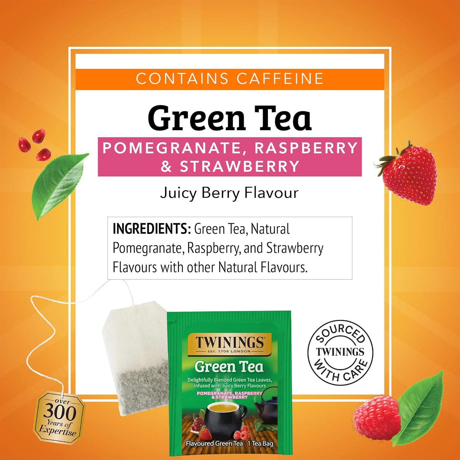 Twinings Green Tea - Pomegranate, Raspberry & Strawberry Flavor - 20 Individually Wrapped Bags
