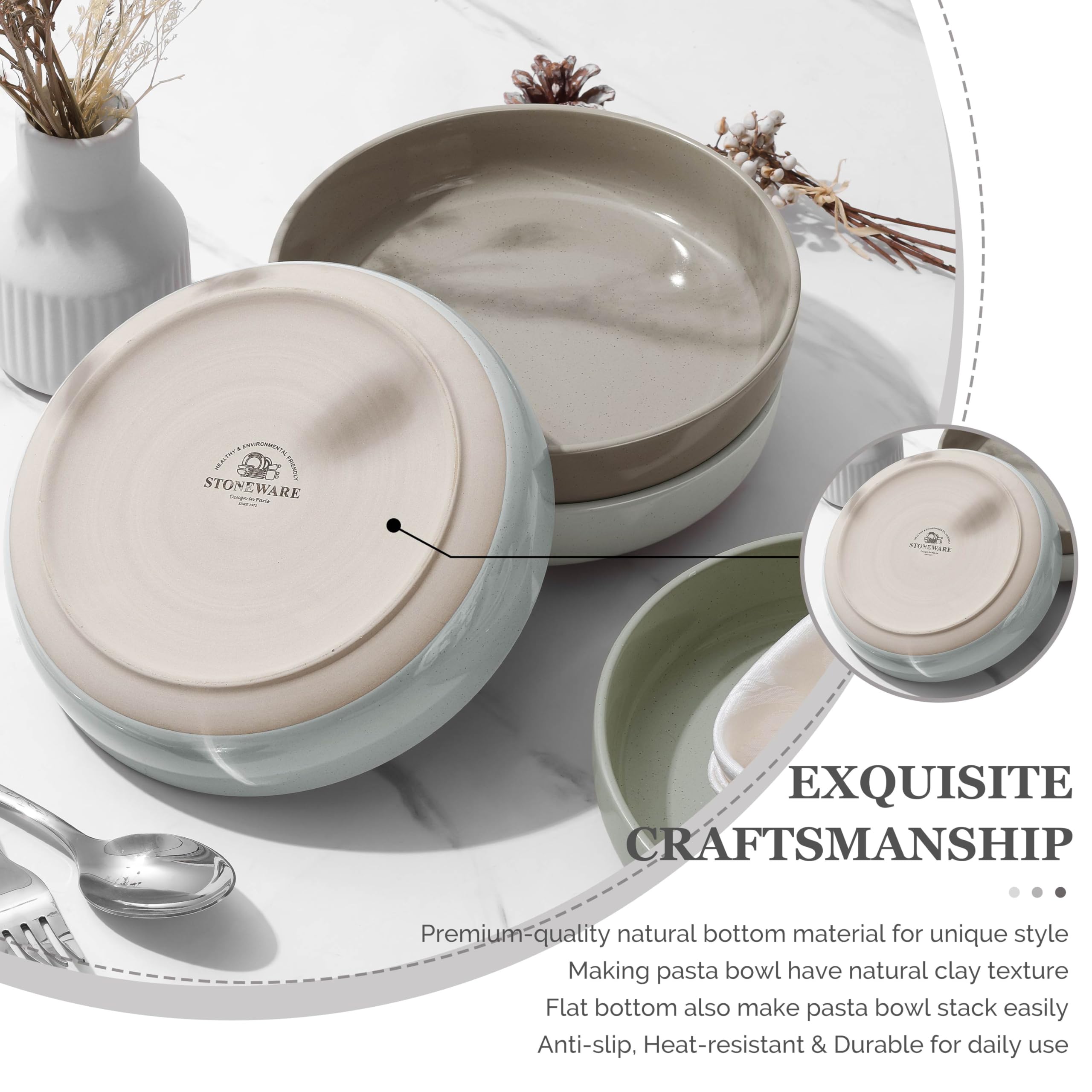 HaWare Pasta Bowls Set of 4, 33oz Large Salad Bowls for Home Kitchen, Ceramic Serving Plates for Soup, Cereal, Scratch-resistant Wide and Shallow Dinner Bowl, Microwave & Dishwasher Safe, Multicolor