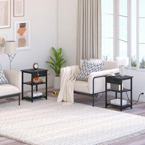 End Tables Set of 2 with Charging Station USB Ports, 3 Tier Tall Night Stand with Storage Shelves, Record Player Stand Narrow Side Table for Small Space Living Room Bedroom Office, Easy Assembly,Black