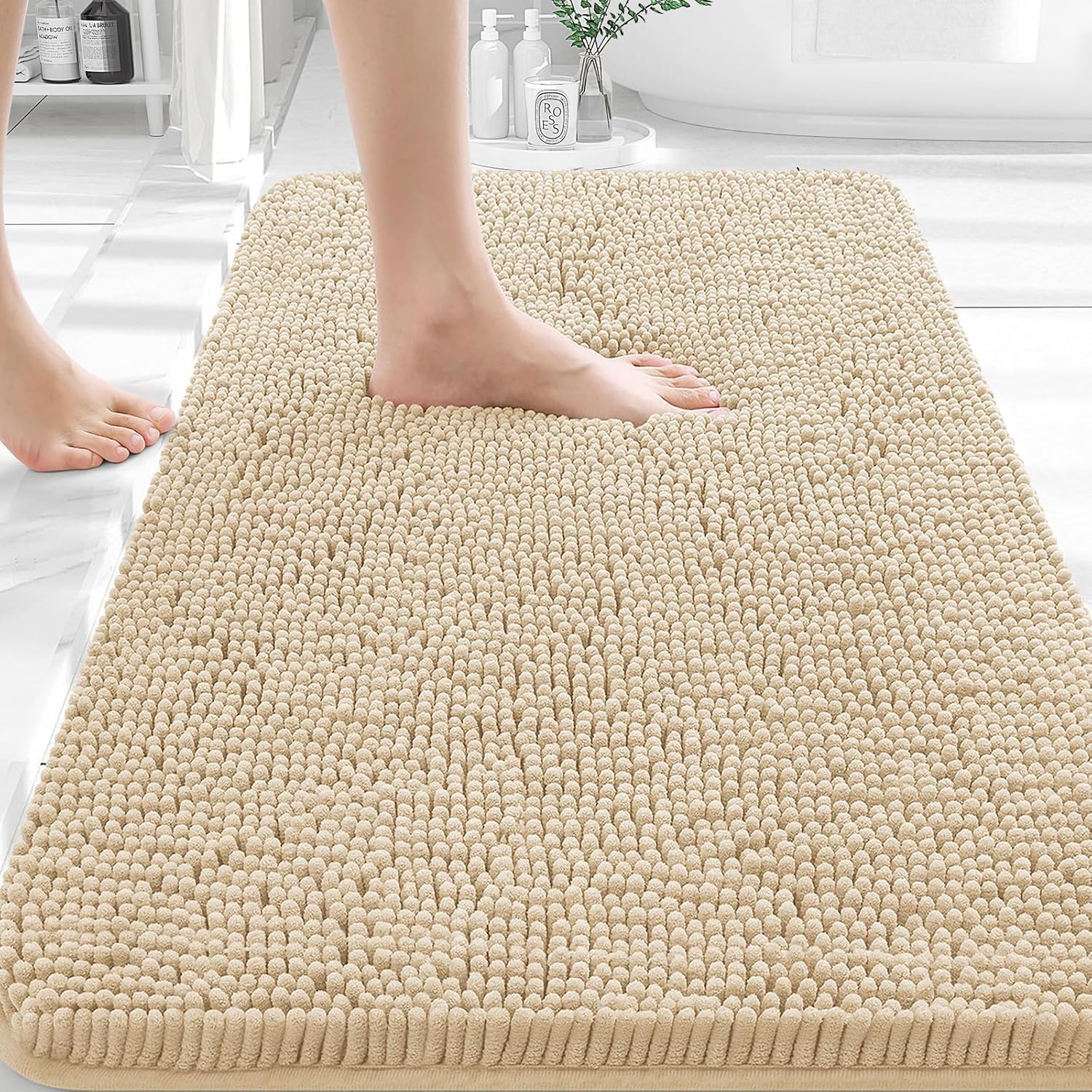 OLANLY Bathroom Rugs - Extra Soft Chenille Bath Mats | 36x24, Quick Dry, Machine Washable, Beige