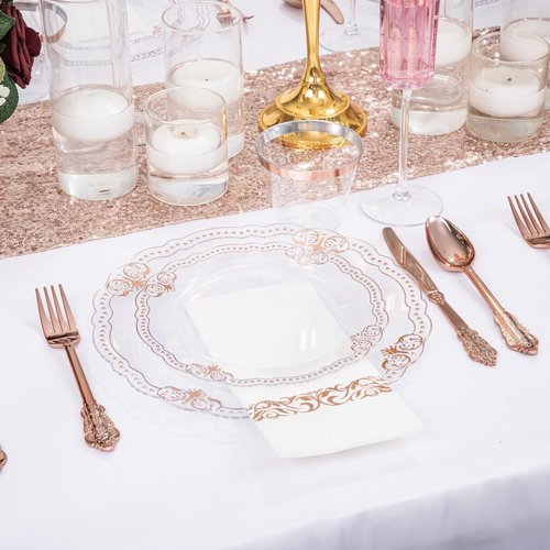 Ciaell 175 PCS Rose and Gold Plastic Plates - Fancy Rose Gold Disposable Dinnerware Set with of 50 Plates, 25 Knives, 25 Forks, 25 Spoons, 25 Cups, 25 Napkins for Wedding & Party & Easter