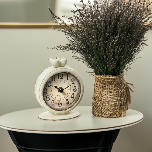 Creative Co-Op Vintage Pewter Mantel Clock with Birds, Distressed Cream