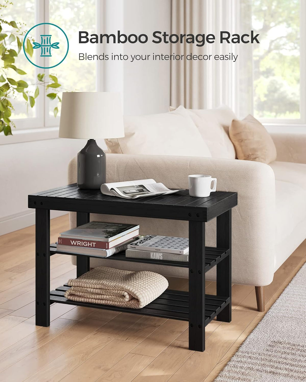 SONGMICS Shoe Rack Bench - 3-Tier Bamboo Storage Organizer | Holds Up to 286 lb, Ink Black, 11.3 x 27.6 x 17.8 Inches