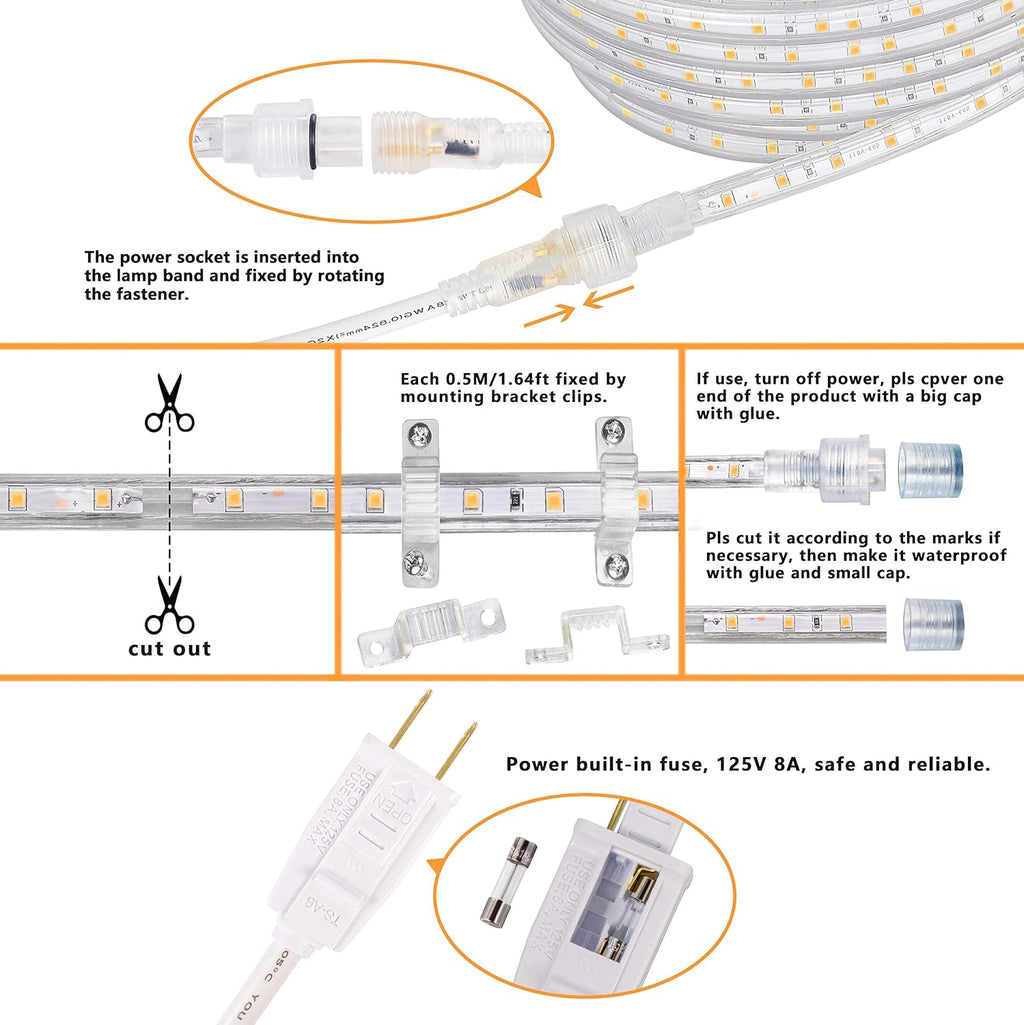 SURNIE LED Rope Lights - 50ft Waterproof Warm White Outdoor Lighting | Flexible & Cuttable for Deck, Patio, Christmas Decor