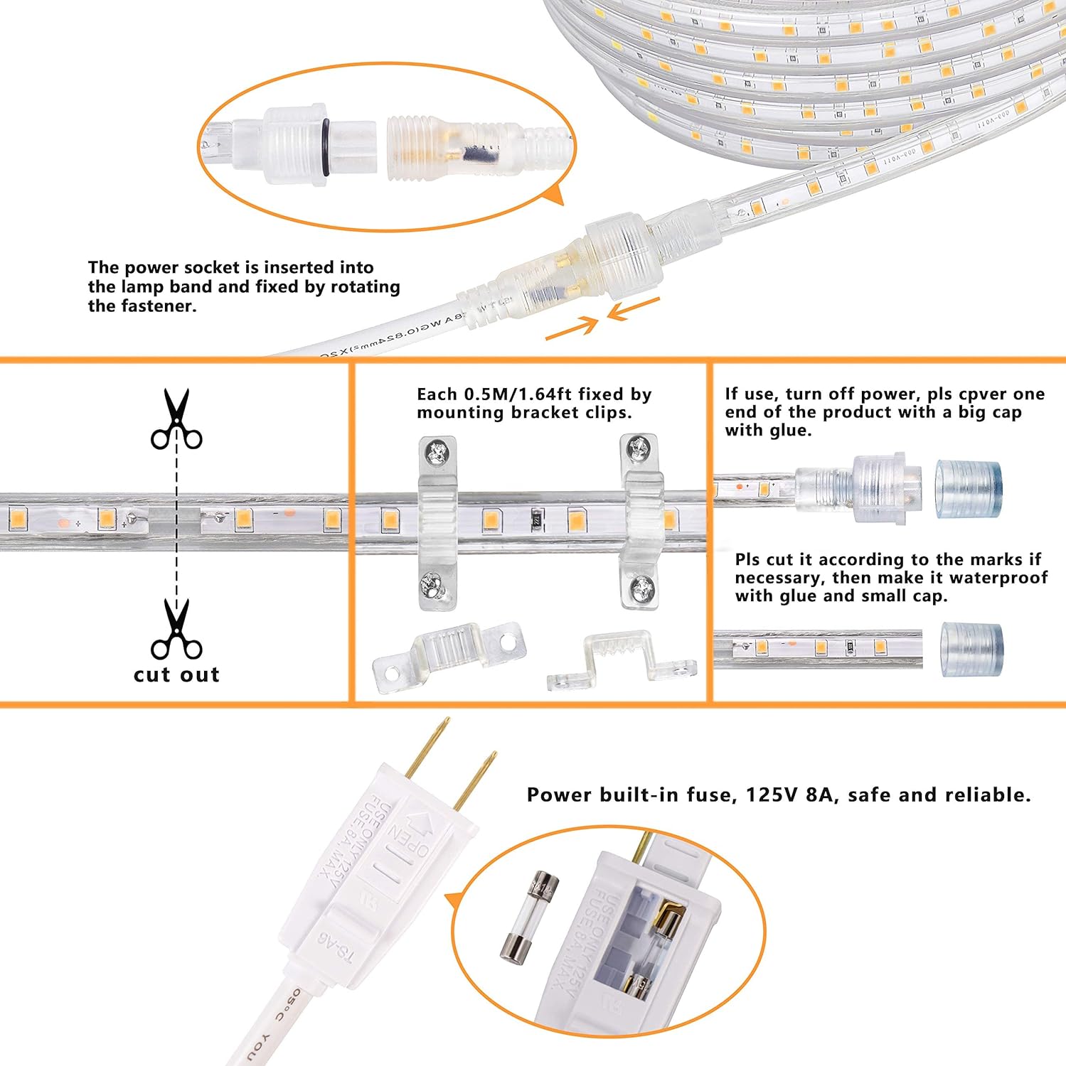 SURNIE LED Rope Lights - 50ft Waterproof Warm White Outdoor Lighting | Flexible & Cuttable for Deck, Patio, Christmas Decor