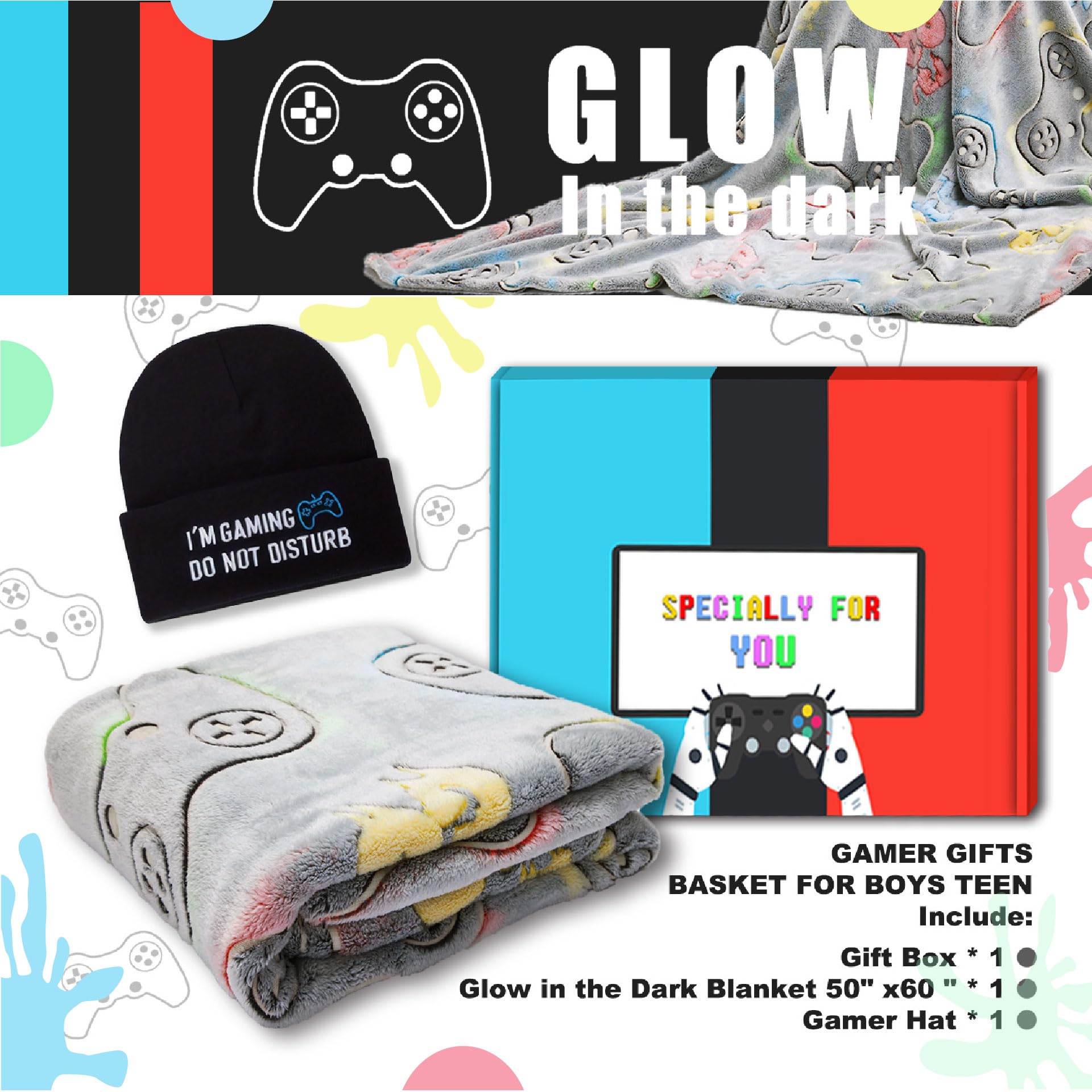 Glow in The Dark Blanket Gamer Controller Throw Blanket, Soft Gaming Gifts Toys for Boys Kids Teens Men Adults, Cozy Gamepad Game Decor for Birthday Bedroom Halloween, 50"x60"