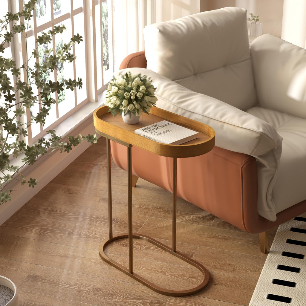 Small End Table with Removable Tray, C Shaped Narrow Side Table for Living Room, Modern TV Tray Wood Top Metal Stand, 11" W