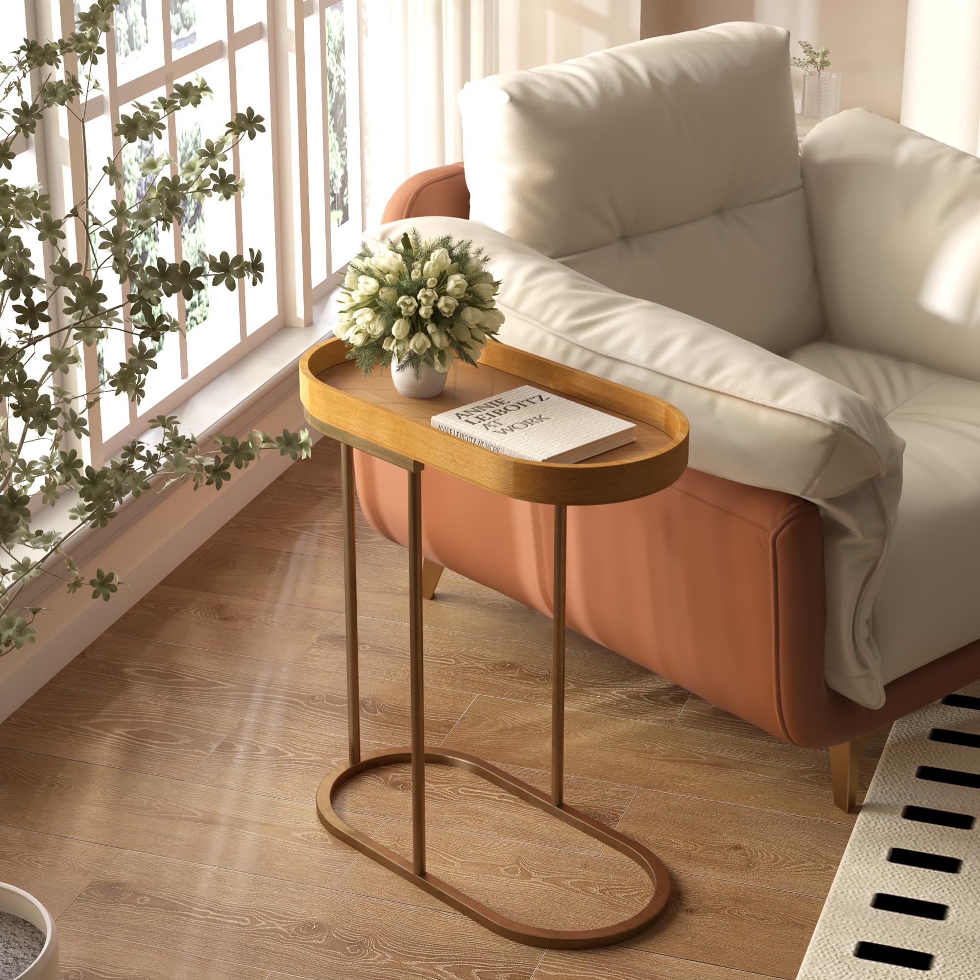 Small End Table with Removable Tray, C Shaped Narrow Side Table for Living Room, Modern TV Tray Wood Top Metal Stand, 11" W