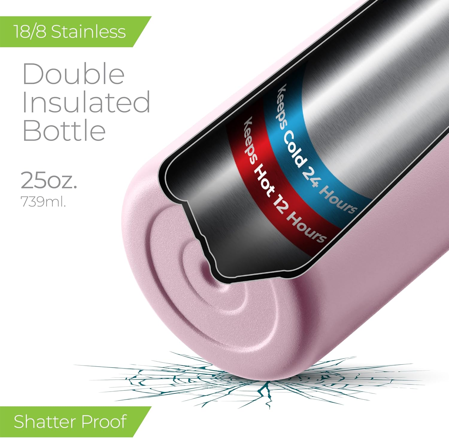 SIPX™ Insulated Water Bottle - 25 oz Leakproof Stainless Steel | Keeps Drinks Cold for 24 Hours & Hot for 12 Hours - Light Pink