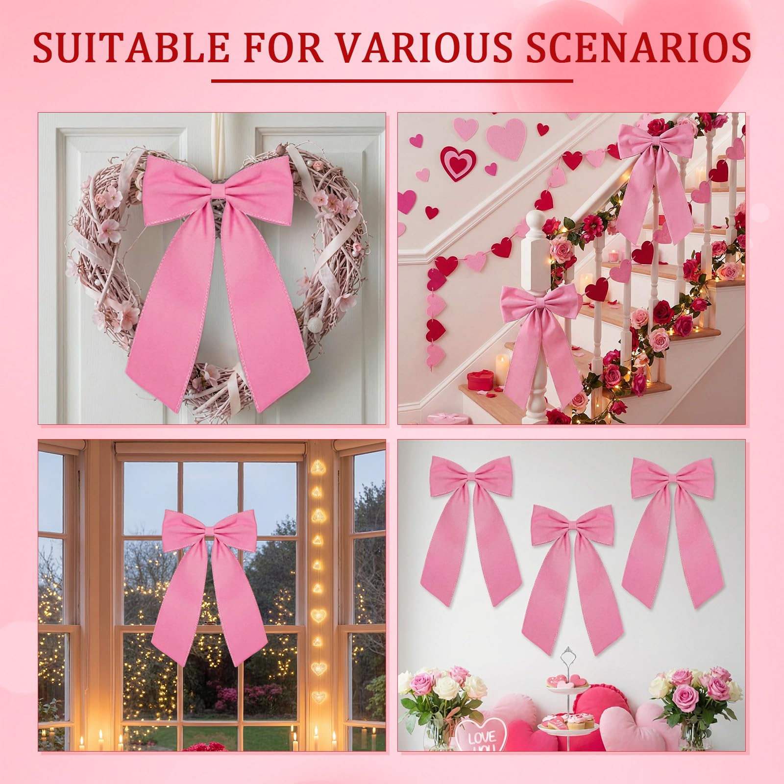 Riceshoot 2 Pcs 10 x 16 Inch Large Bows Valentine's Day Tree Decorations Velvet Ribbon Tree Topper Velvet Wreath Bows with Wired Edge for Valentines Home Fireplace Indoor Outdoor Decor (Pink)