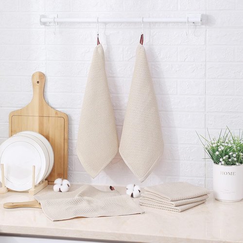 FreeNook 100% Cotton Waffle Weave Kitchen Towels, 6 Pack Dish Cloths for Washing Dishes, Ultra Soft Absorbent Dish Towels, Quick Drying Kitchen Rags, 12x12 Inches, Beige