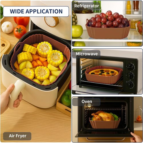 Boribim 9 Inch Large Air Fryer Silicone Liners - 2 PCS Square Reusable AirFryer Basket Liners for 5-8QT Air fryer, Air fryer Accessories for Baking Roasting Microwave (Black + Brown)