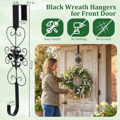Heavy Duty Metal Wreath Hanger by [Brand Name] - Elegant 15.5 Inch Door Hook for Easter & Christmas Decor | Black