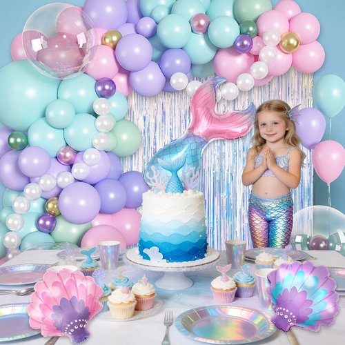 Mermaid Balloon Garland Arch Kit, 142Pcs Pastel Pink Teal Blue Purple Green Clear Balloons Mermaid Tail Seashell Foil Balloon Fringe Curtain for Birthday Baby Shower Ocean Themed Summer Party Decor