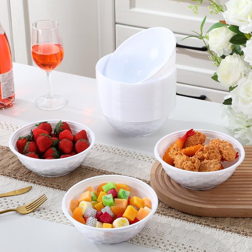 Newtay 100 Pack 32oz White Disposable Plastic Bowls Plastic Salad Bowls Large Stackable Serving Soup Dinnerware for Birthdays, Weddings, Parties, Festivals