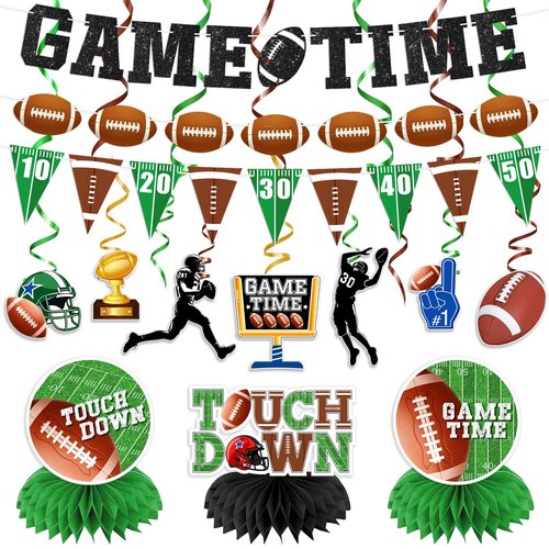 20Pcs Football Party Decorations Kit | Game Time Football Garland Banner Hanging Swirl Touch Down Honeycomb Centerpiece | Birthday & Tailgate Party Supplies