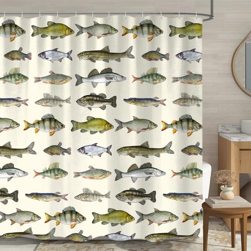 Sanzugh Rustic Cabin Fishing Shower Curtain, Country Lake House River Fish Hunting Fabric Shower Curtains Set for Men Bathroom Decorative with Hooks 72 X 72 Inch Camo Bath Decor