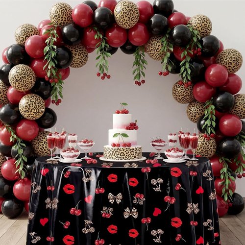 Ganeen 6 Pcs Cheetah Cherry Plastic Tablecloths - 84 Inch Round, Waterproof & Disposable for Parties