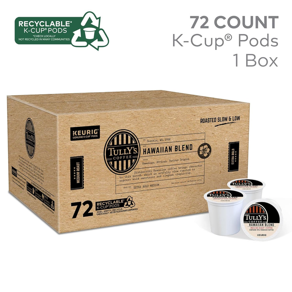 Tully's Coffee Hawaiian Blend K-Cup Pods - Medium Roast, 72 Count | Perfect for Keurig Brewers