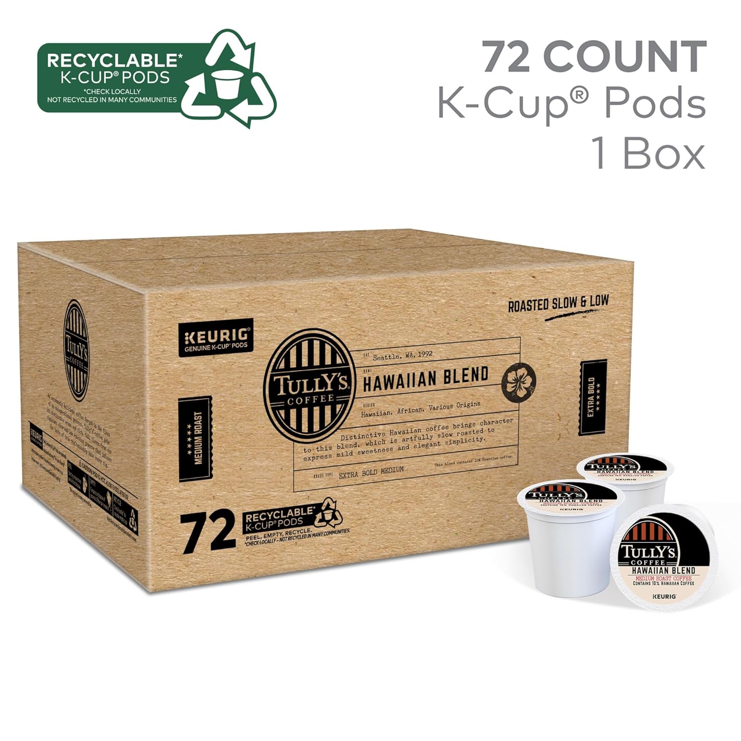Tully's Coffee Hawaiian Blend K-Cup Pods - Medium Roast, 72 Count | Perfect for Keurig Brewers