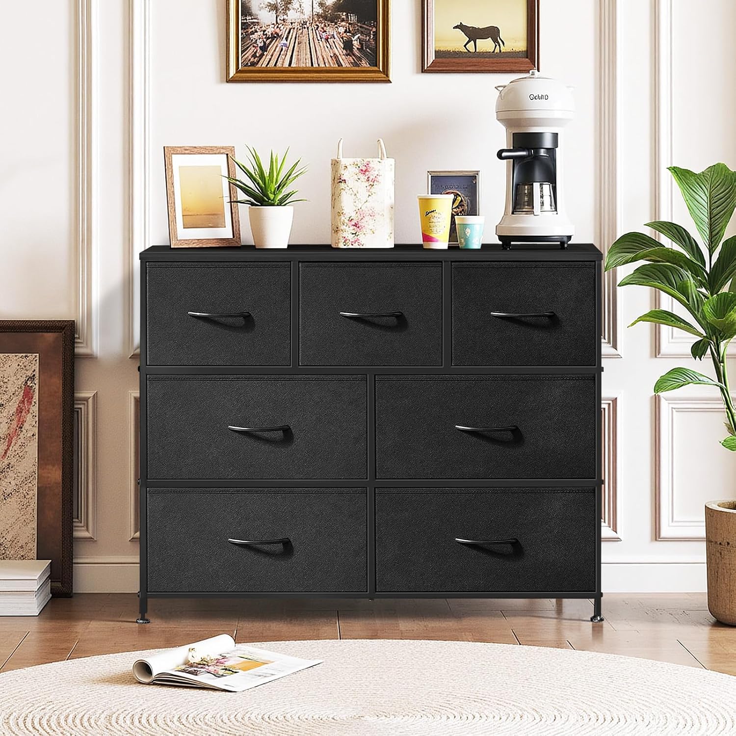 Skiennix 7-Drawer Dresser - Anti-Tip Fabric Storage Organizer with Wooden Top | Black for Bedroom & Living Room