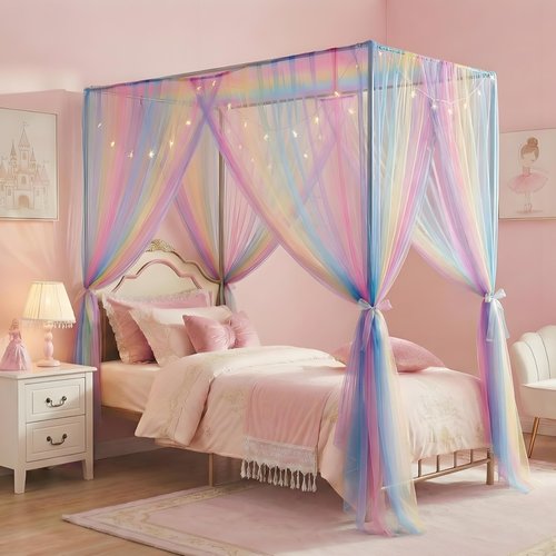 JQWUPUP Rainbow Bed Canopy for Girls Kids, 4 Corner Post Princess Twin Canopy Bed Curtains with DIY Star Stickers for Bedroom Decor