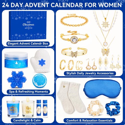 Self Care Advent Calendar 2025 for Teen Girls Adult Women, 24 Day Gold Jewelry Advent Calendar and Relaxing Spa Gifts Christmas Countdown Gifts for Wife Girlfriends Daughter