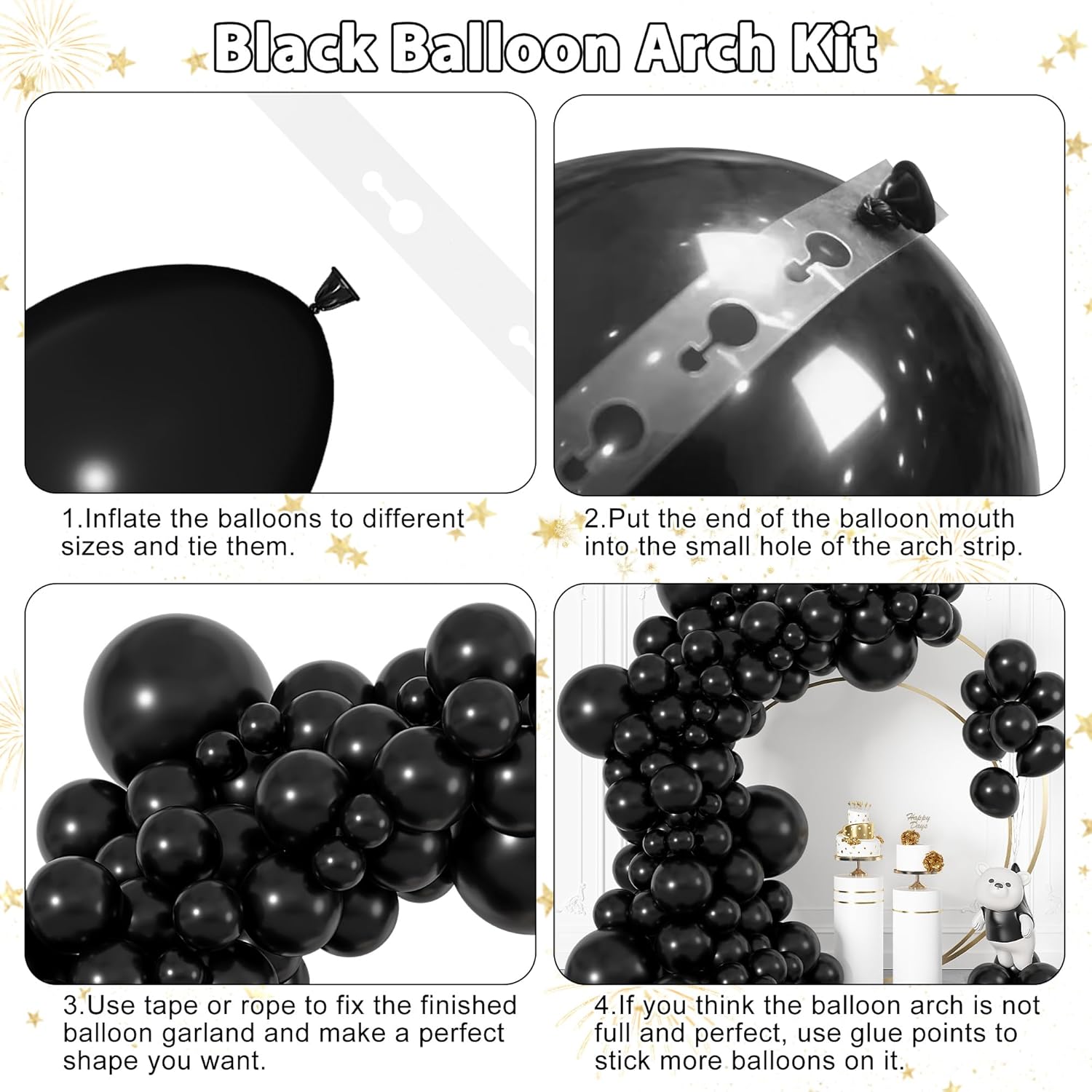 Ouddy Life Black Balloon Garland Kit - 164Pcs Matte Latex Balloons in Various Sizes for Parties & Events