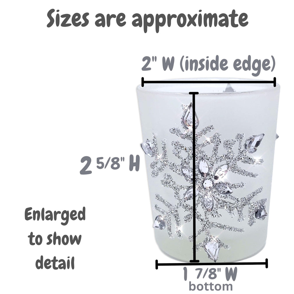 Snowflake Candle Holder - Lighted Frosted Glass Holders - Set of 3 with LED Candles - Glittery Snow Flake Holders with Jewels - Christmas Decor - 2.75" H x 2" D