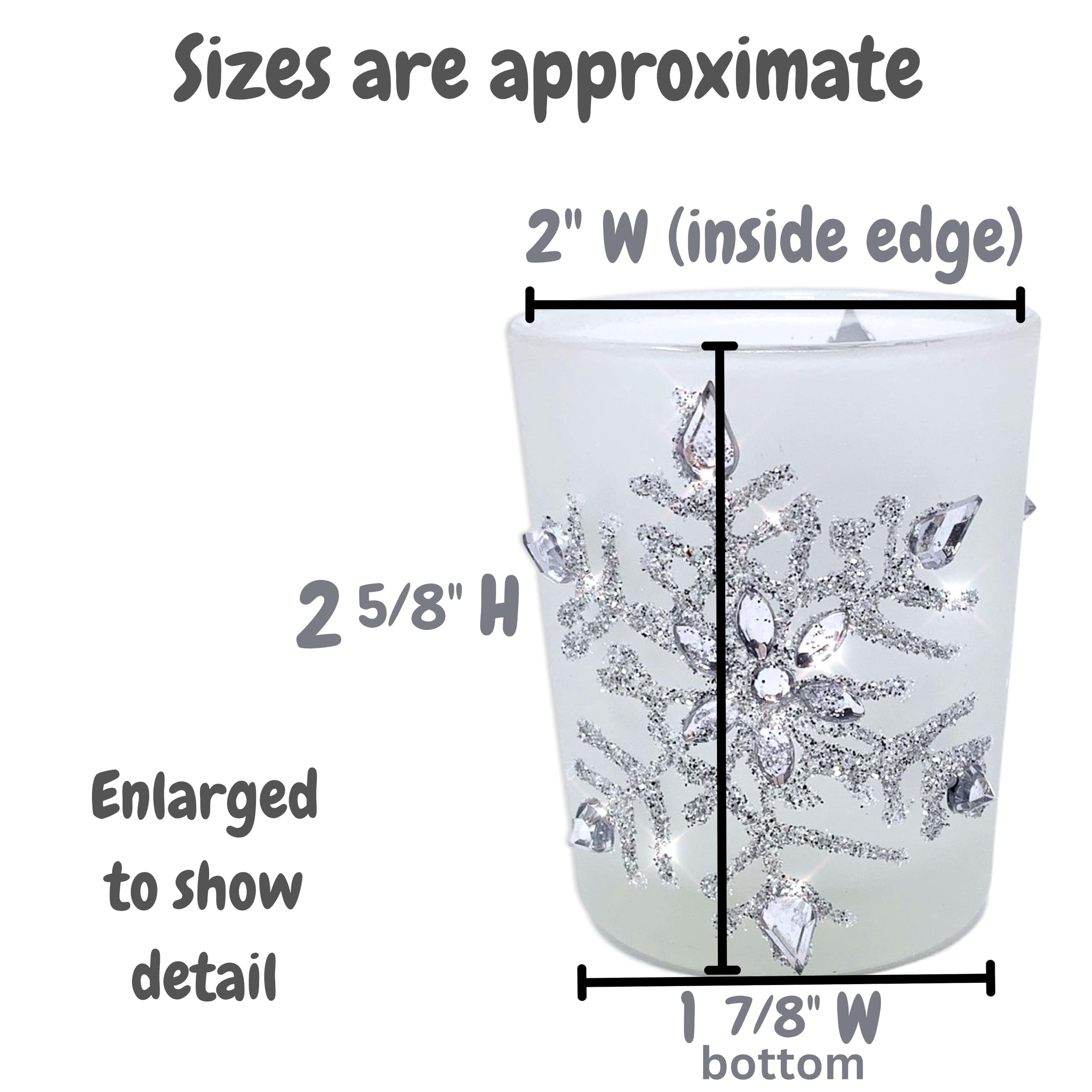 Snowflake Candle Holder - Lighted Frosted Glass Holders - Set of 3 with LED Candles - Glittery Snow Flake Holders with Jewels - Christmas Decor - 2.75" H x 2" D