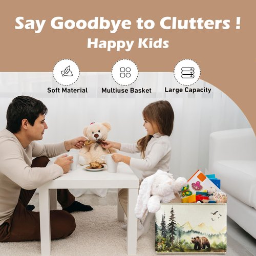 WARDOS Forest Brown Bear Nursery Storage Bin Box with Handles, Watercolor Wild Animal Bear Foldable Linen Fabric Laundry Basket for Kids Room Nursery Playroom Bathroom Clothes Toys Books