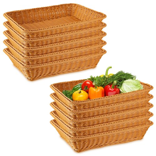 Tioncy 10 Pcs Poly Wicker Woven Bread Basket Imitation Rattan Fruit Basket Tray Stackable Rectangular Food Baskets for Serving Display Storage Kitchen Restaurant Home Vegetable (11.81 x 7.87 x 2.76")