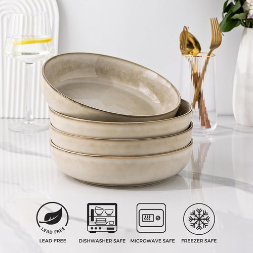 GBHOME Large Ceramic Pasta Bowls Set of 4 - 38oz Stoneware for Pasta, Salad, and Oatmeal | Microwave Safe, Cappuccino