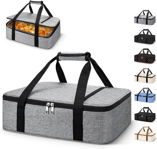 Coobiiya Insulated Casserole Carrier - Thermal Lunch Bag Keeps Food Hot or Cold | Fits 9" x 13" Dish - Grey