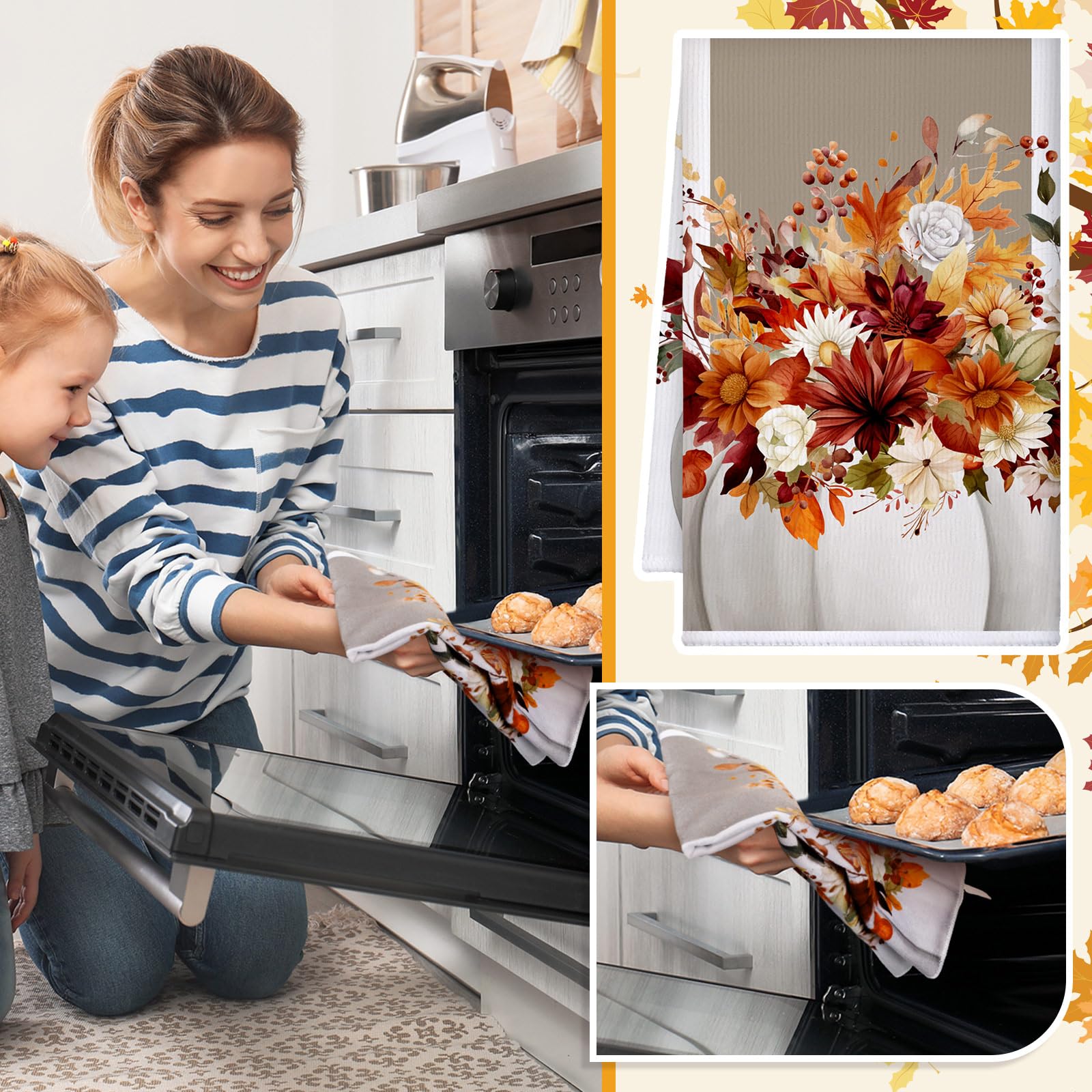 Geyoga Set of 6 Fall Kitchen Towels Autumn Dish Towels Rustic Pumpkin Hand Tea Towel Flower Kitchen Decors for Thanksgiving Fall Decorative Absorbent Fast Drying Cloth for Bathroom Cooking 16" x 24"