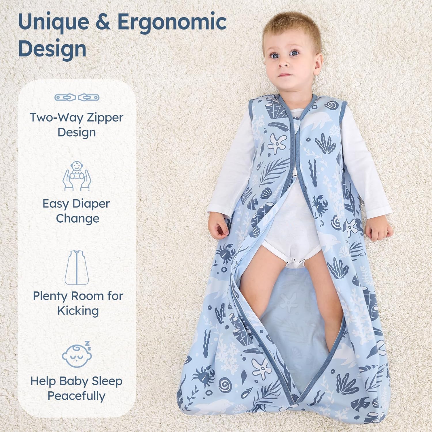 Unnivoll Baby Sleep Sack - 100% Cotton Lightweight 0.5 TOG Wearable Blanket for Infants | Blue Dolphin, 0-6 Months
