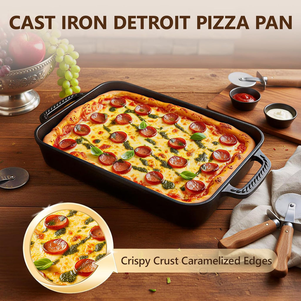 Cast Iron Detroit Pizza Pan - Pre-Seasoned 9x13 Inch Deep Baking Dish for Casserole & Lasagna